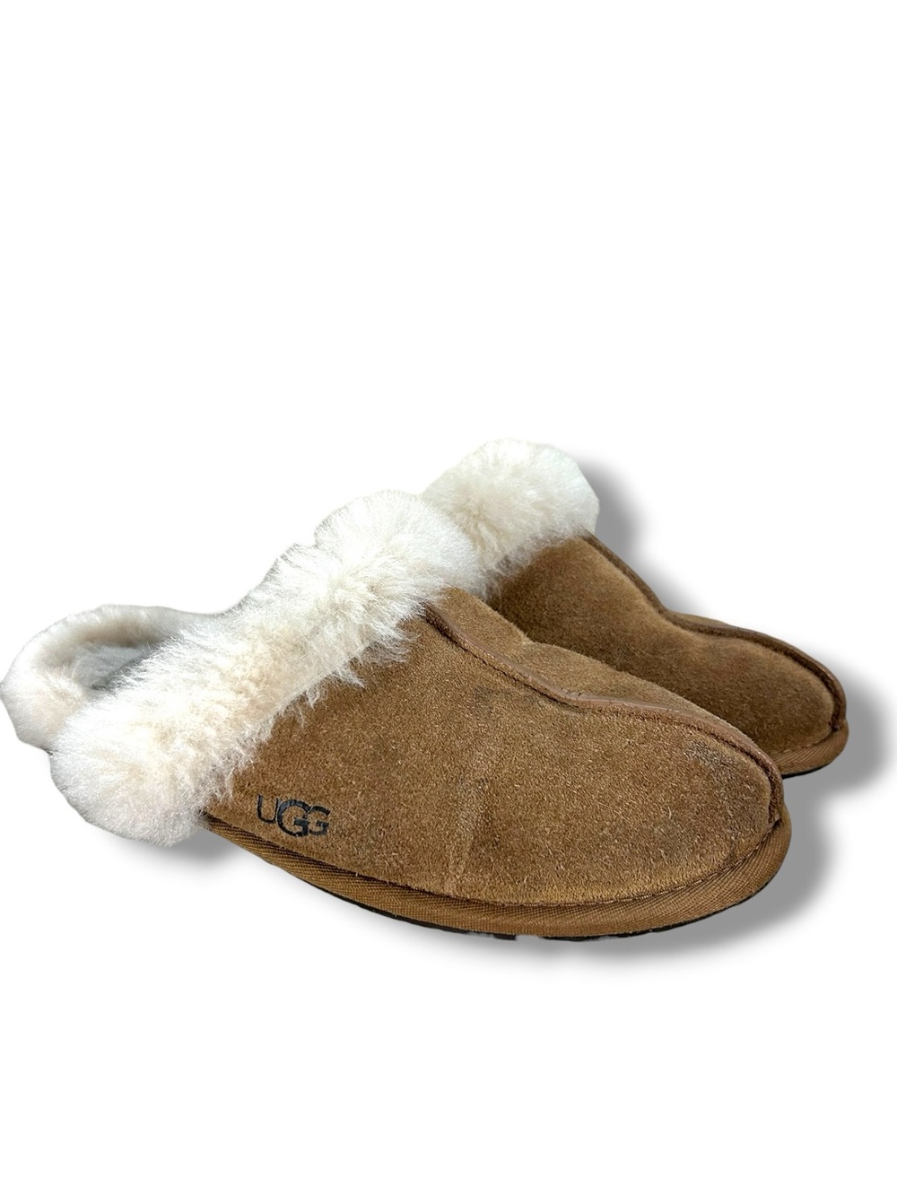 Women’s Ugg Slip On Brown Suede Faux Fur Trimmed Slip On Slippers Size 7